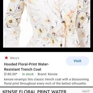 🌸🌼Kensie Hooded Floral Print Water Resistant Trench Coat NEW WITH TAGS L 🌸🌼